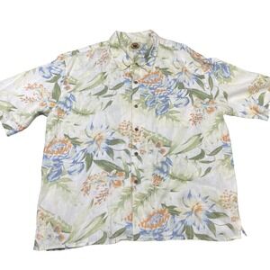 Pussers West Indies Shirt Mens Green Floral Coastal Linen Button‎ Short Sleeve